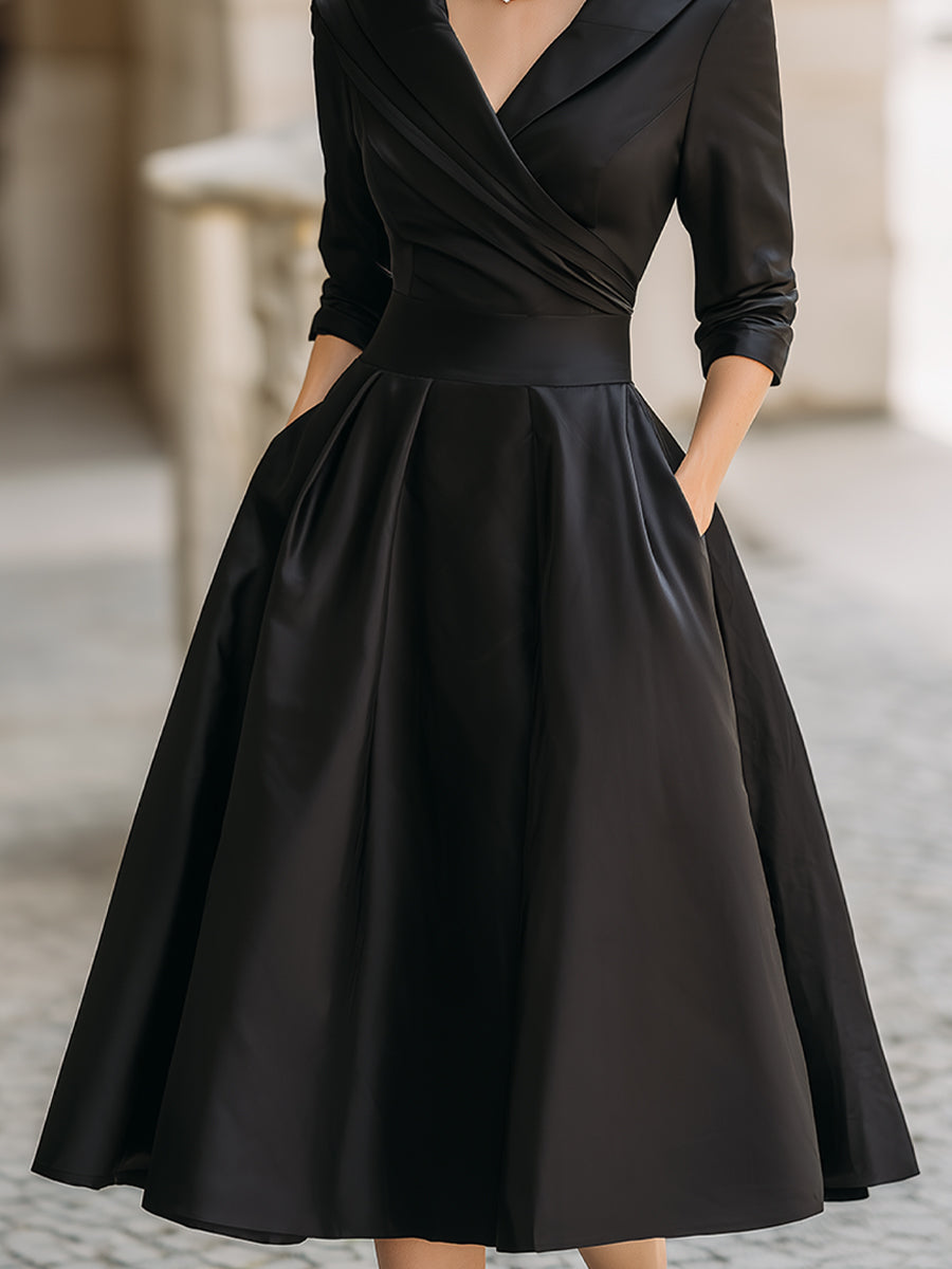 Women Satin Midi Dress Elegant Comfort Long Sleeve A Line