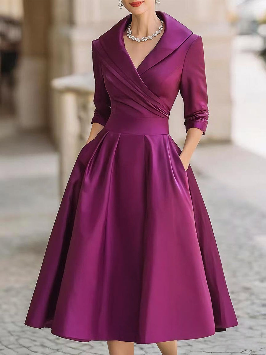 Women Satin Midi Dress Elegant Comfort Long Sleeve A Line