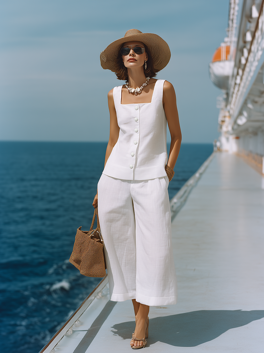 Cotton Linen Two Piece Set with Square Neck Top and Capri Pants