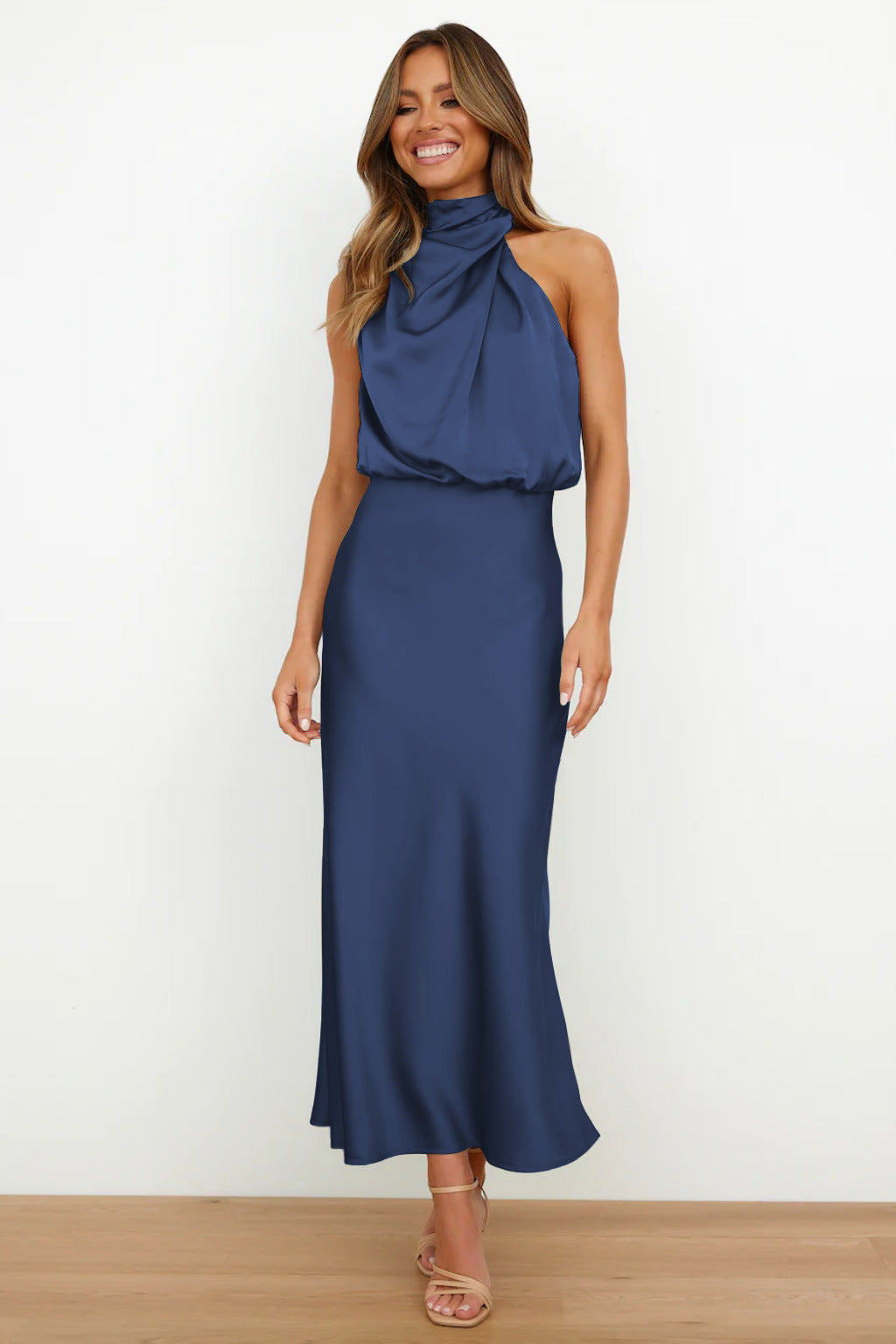 Draped Maxi Dress with High Neck and Flowing Fit
