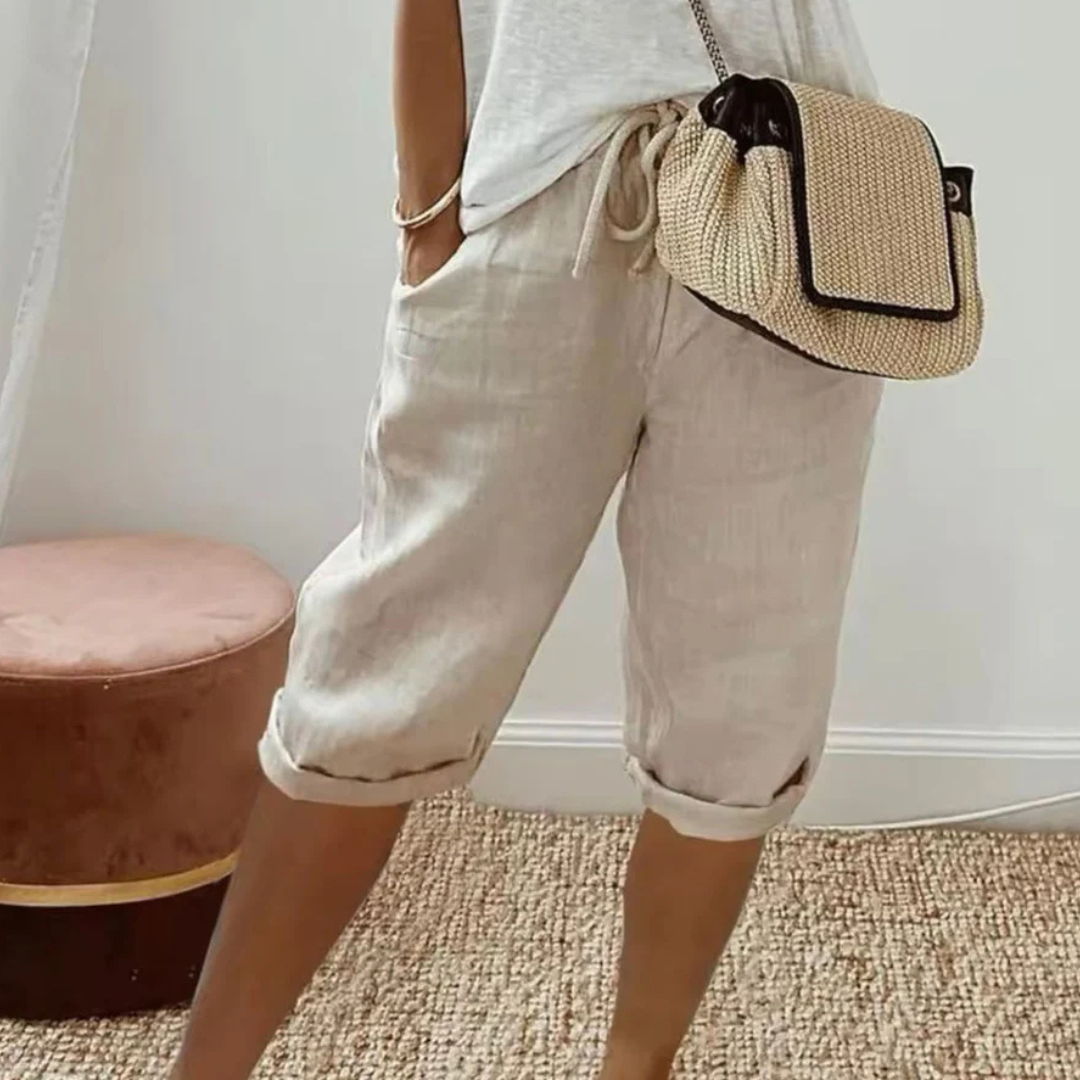 Linen Blend Capri Pants with Drawstring Waist Lightweight Summer Fit