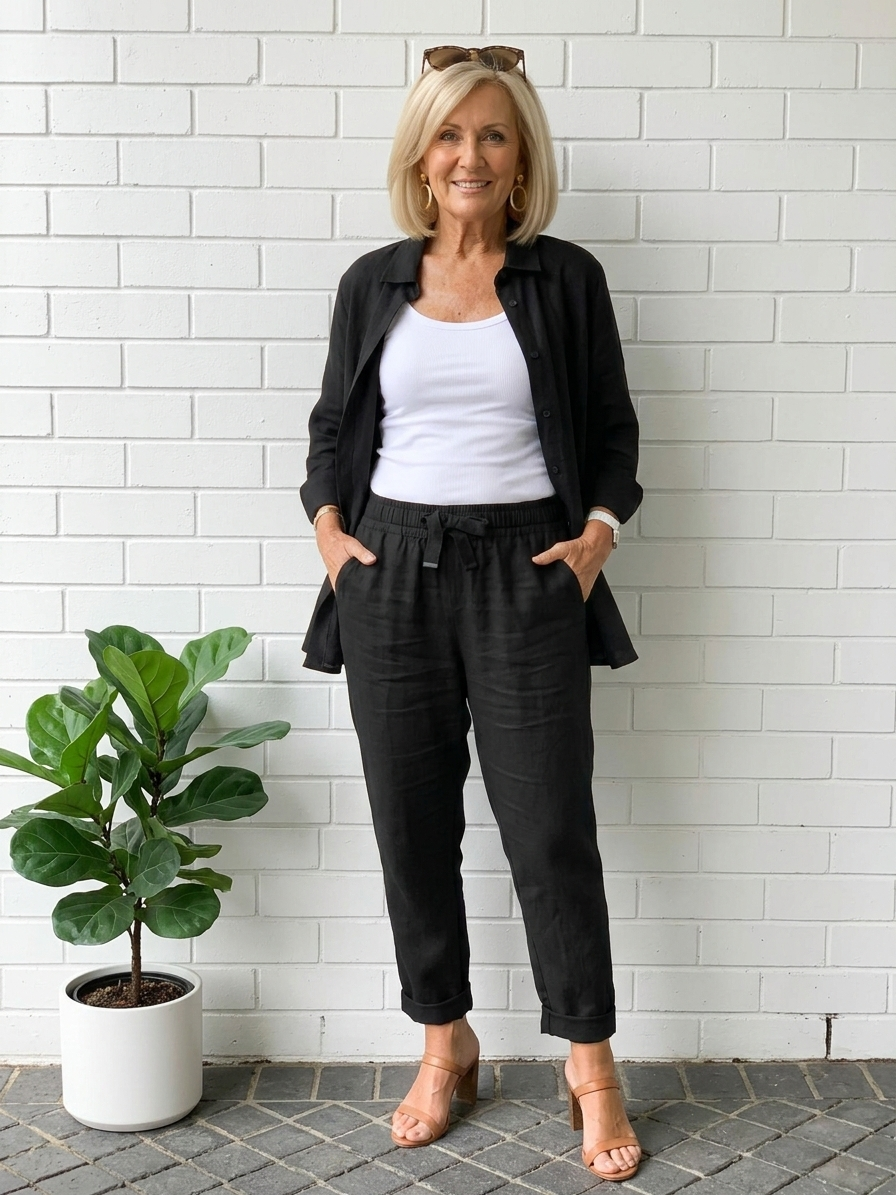 Linen Two Piece Set with Button Shirt and Relaxed Drawstring Pants
