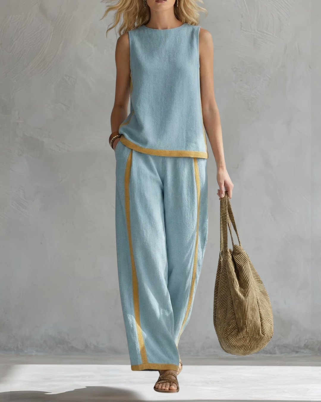 Sleeveless Two Piece Set Wide Leg Pants Relaxed Fit Lightweight Outfit