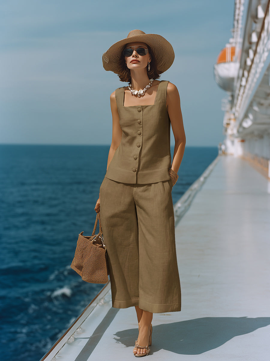 Cotton Linen Two Piece Set with Square Neck Top and Capri Pants