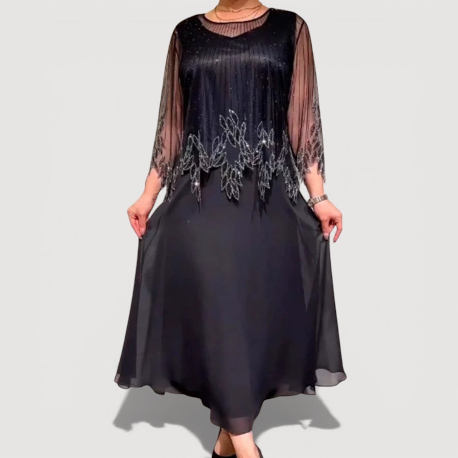 Womens Printed Midi Dress Sheer Sleeve Elegant Classic Fit