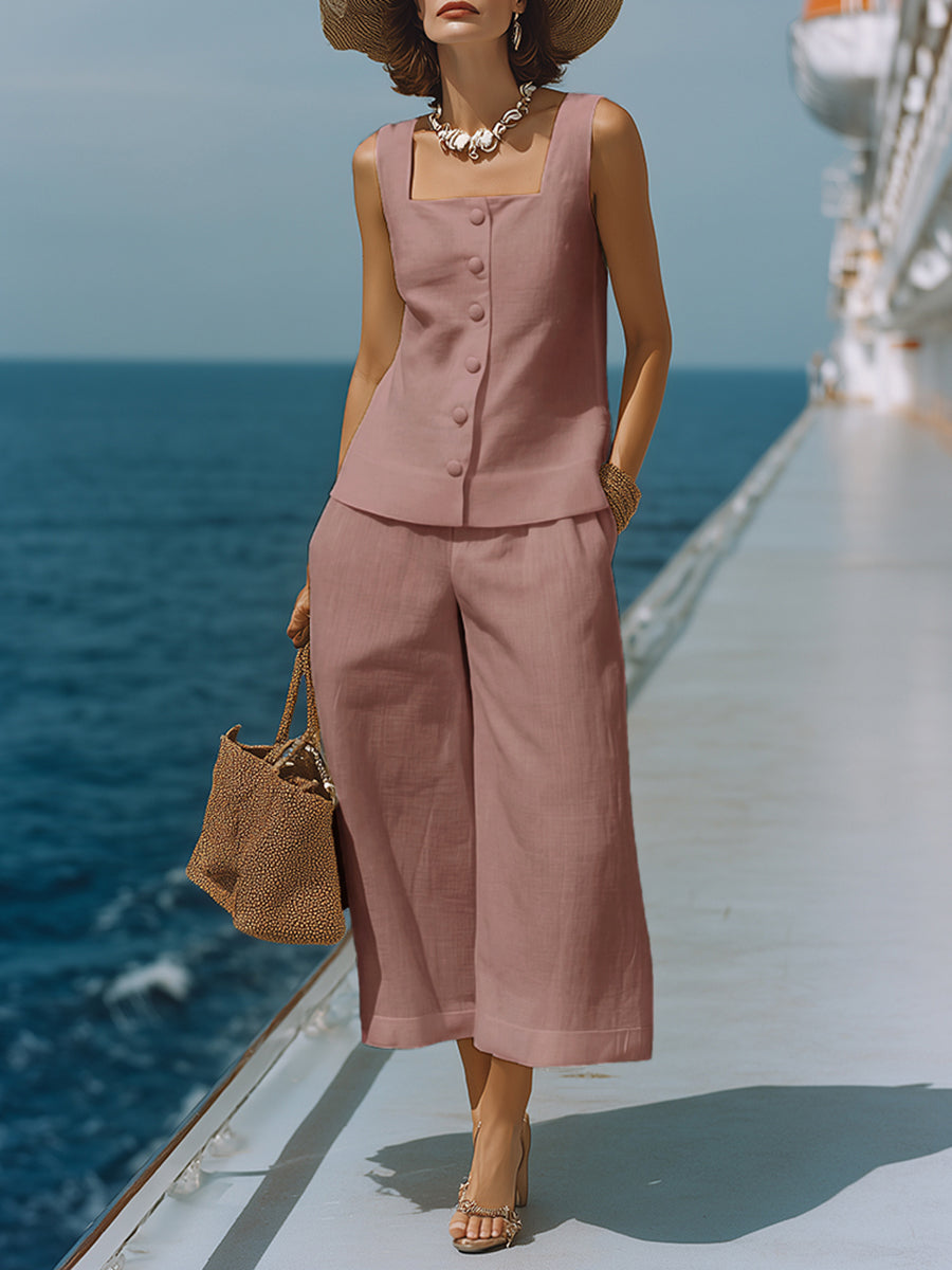 Cotton Linen Two Piece Set with Square Neck Top and Capri Pants