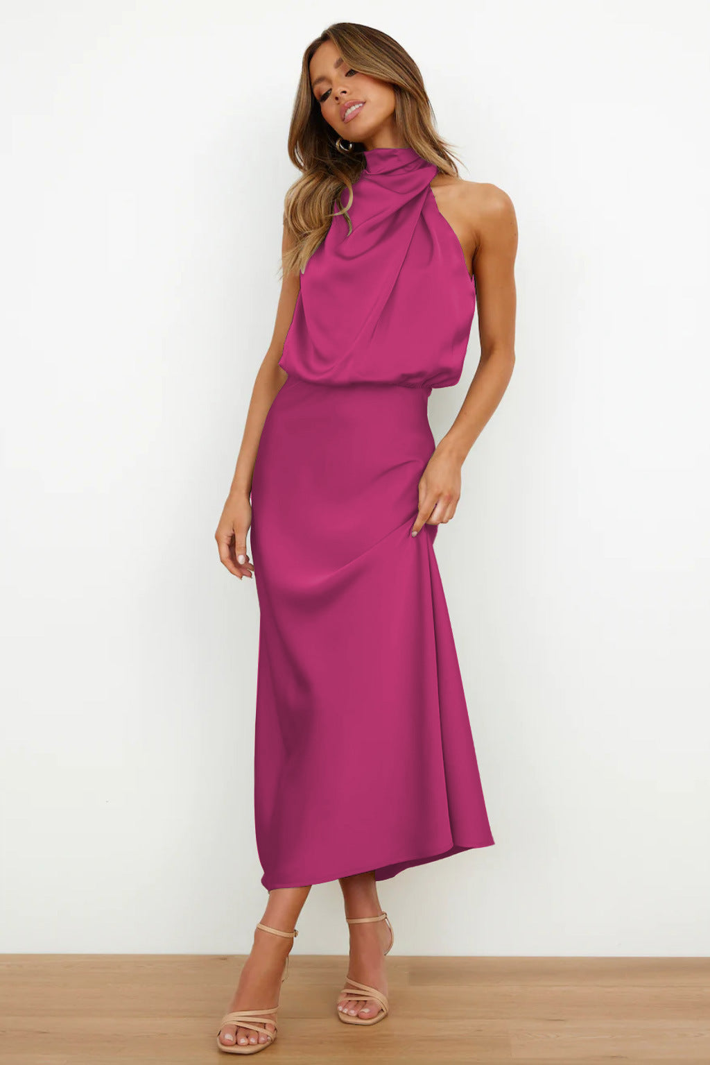 Draped Maxi Dress with High Neck and Flowing Fit