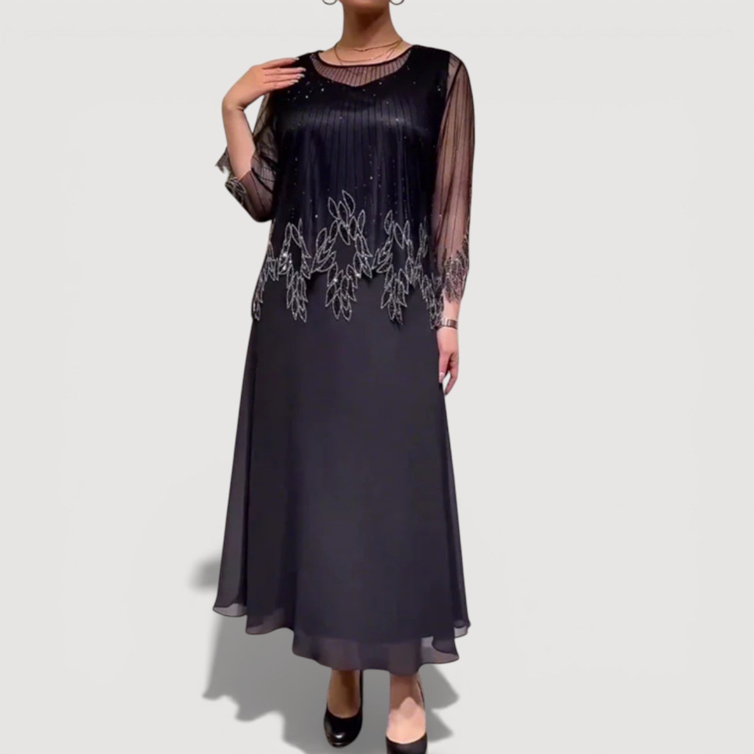 Womens Printed Midi Dress Sheer Sleeve Elegant Classic Fit