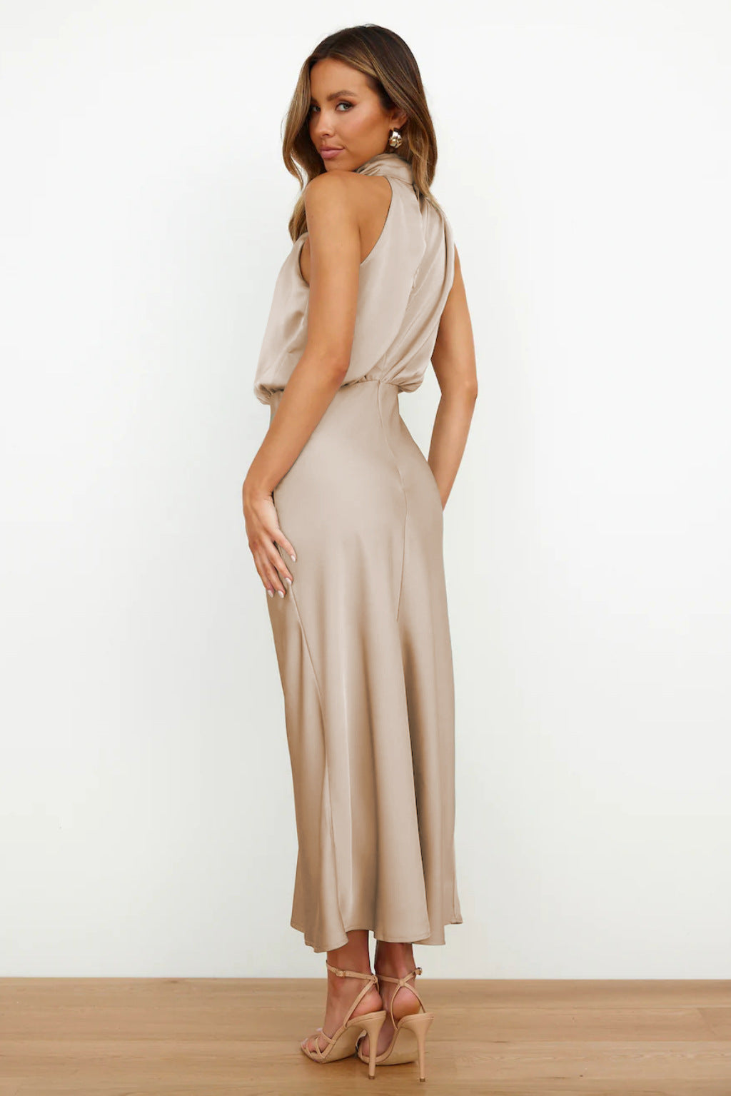 Draped Maxi Dress with High Neck and Flowing Fit