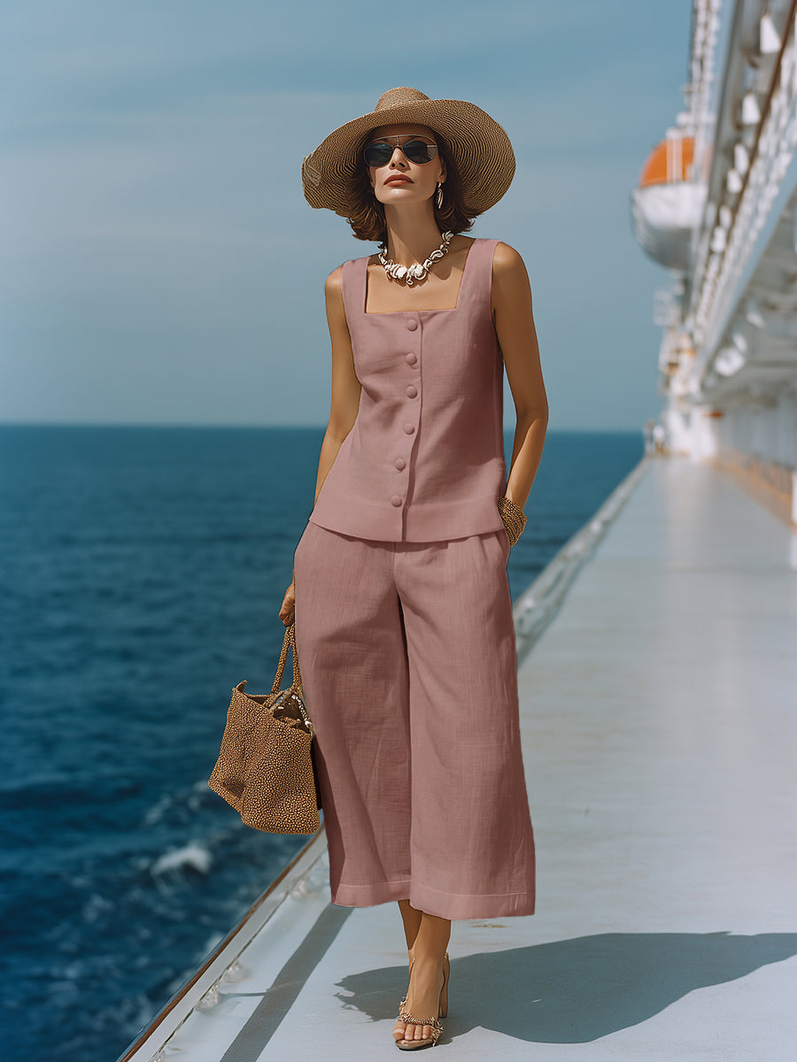 Cotton Linen Two Piece Set with Square Neck Top and Capri Pants