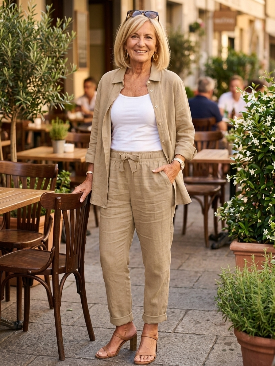 Linen Two Piece Set with Button Shirt and Relaxed Drawstring Pants