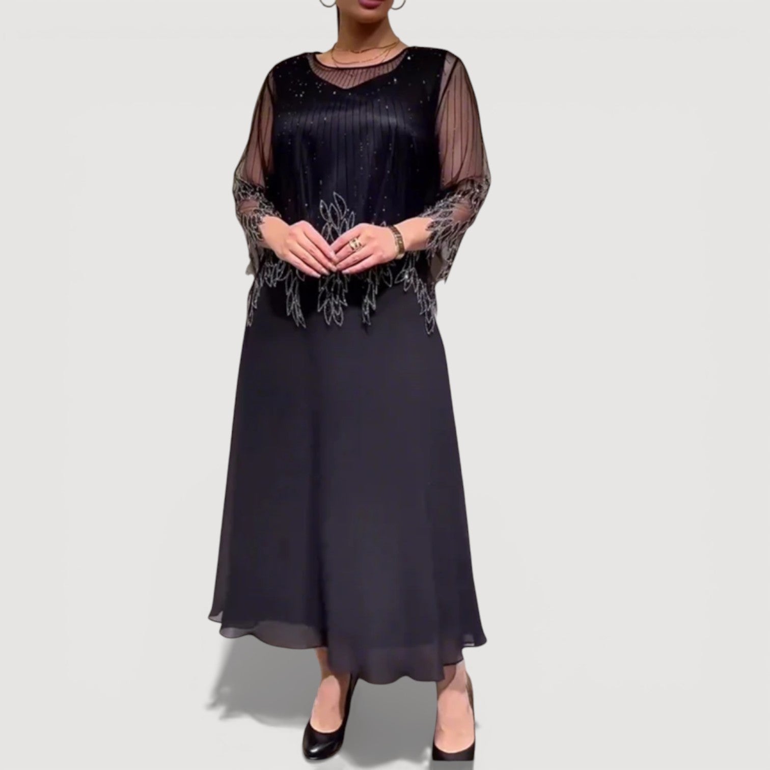 Womens Printed Midi Dress Sheer Sleeve Elegant Classic Fit
