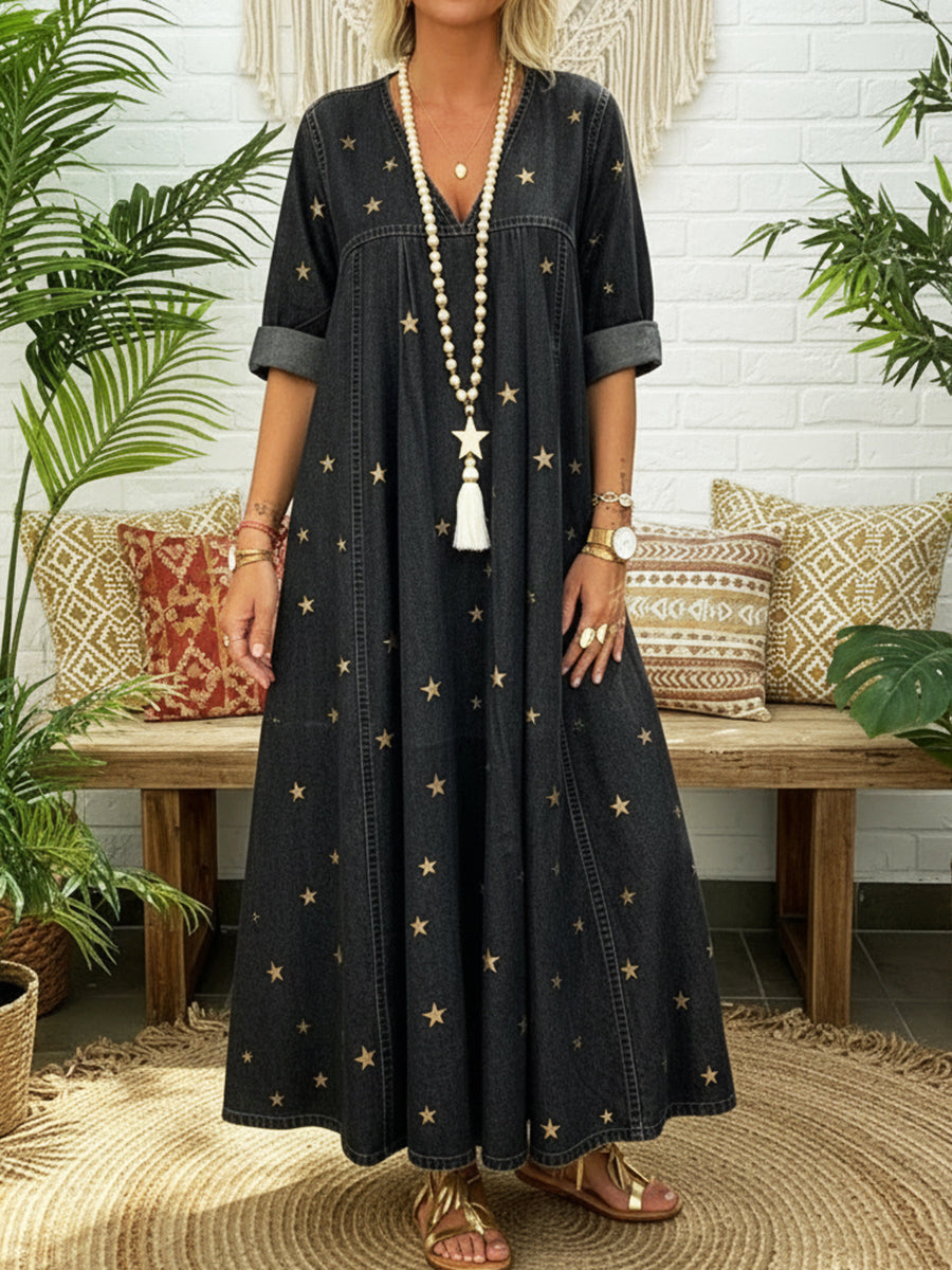 Women’s Star Print Denim Maxi Dress V Neck Relaxed Fit With Pockets