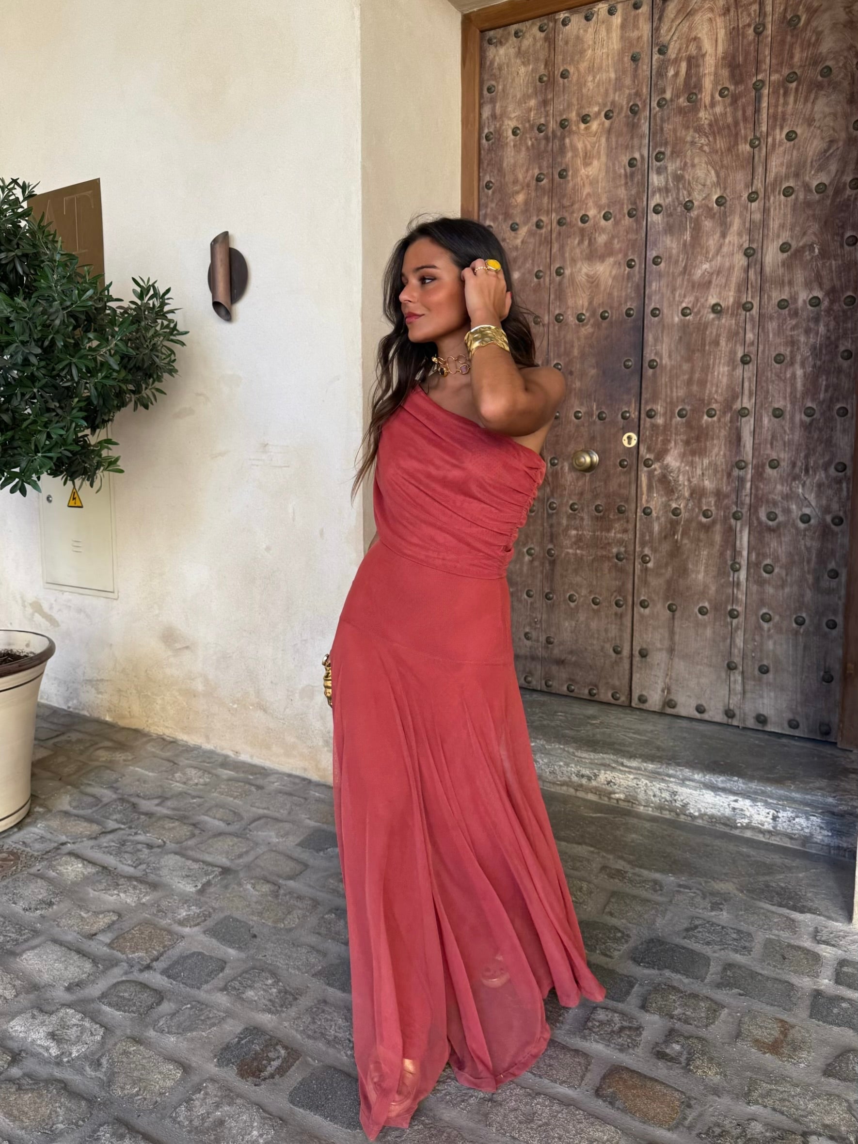 Off Shoulder Maxi Dress with Lightweight Chiffon and Flowing Fit