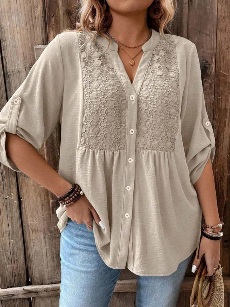 Button Blouse with V Neck and Relaxed Fit with Roll Up Sleeves