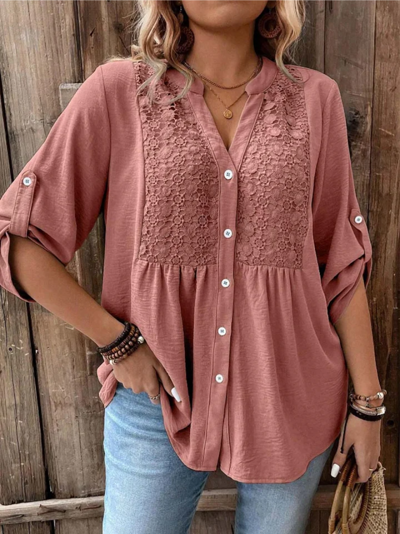 Button Blouse with V Neck and Relaxed Fit with Roll Up Sleeves