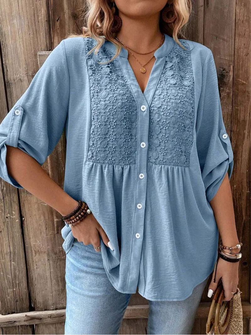 Button Blouse with V Neck and Relaxed Fit with Roll Up Sleeves