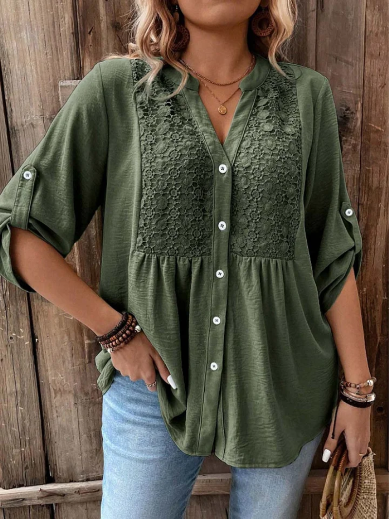 Button Blouse with V Neck and Relaxed Fit with Roll Up Sleeves