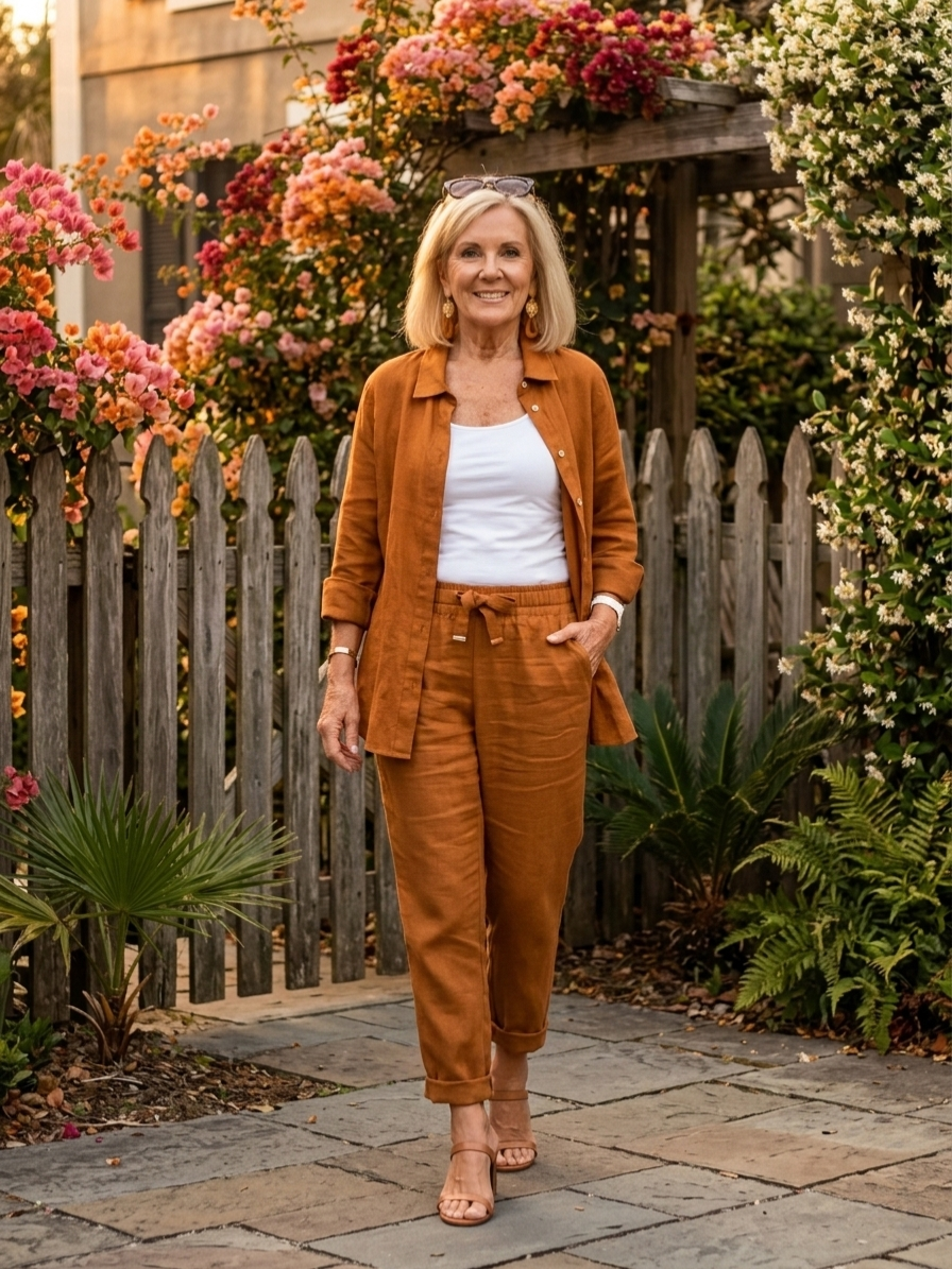 Linen Two Piece Set with Button Shirt and Relaxed Drawstring Pants