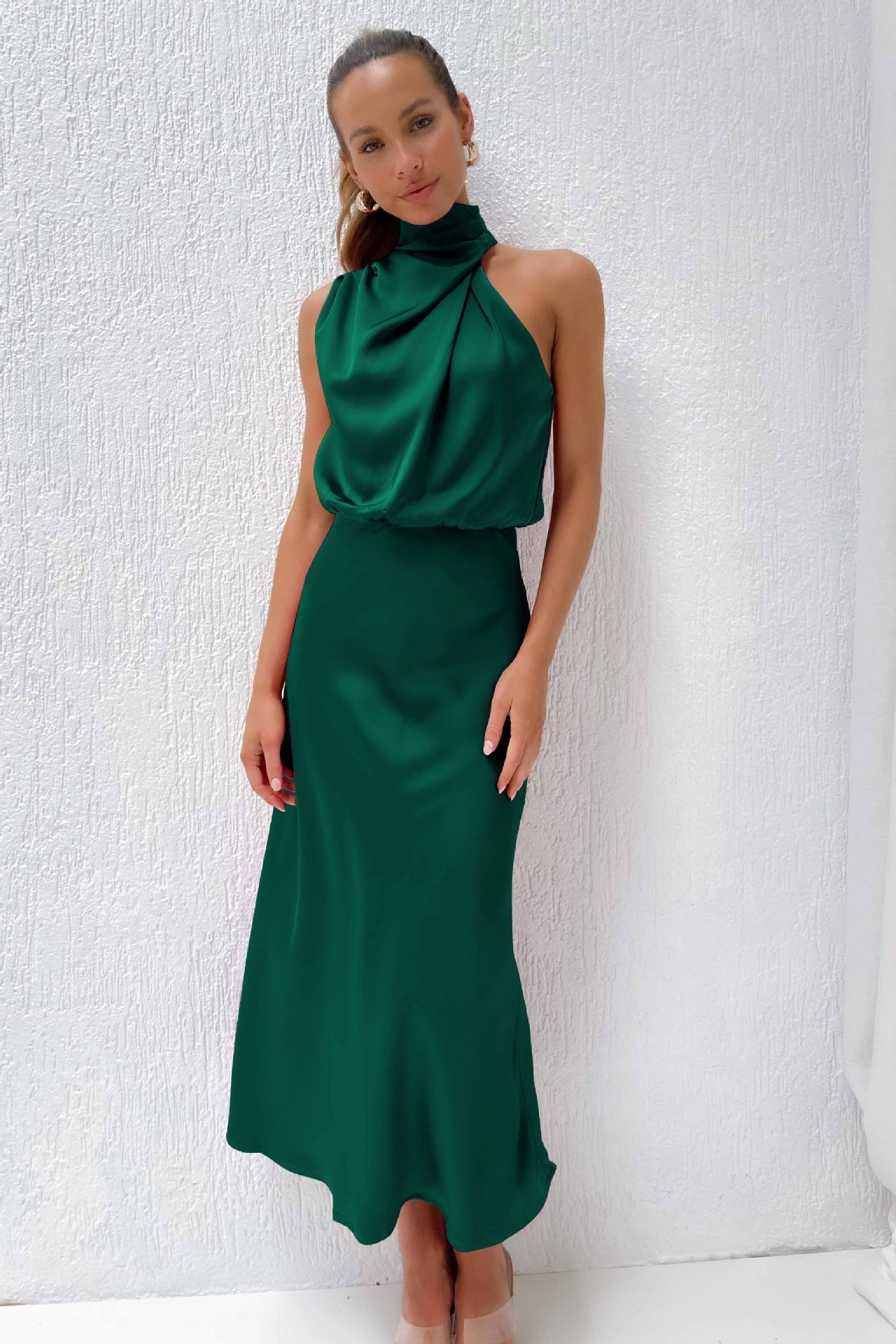 Draped Maxi Dress with High Neck and Flowing Fit