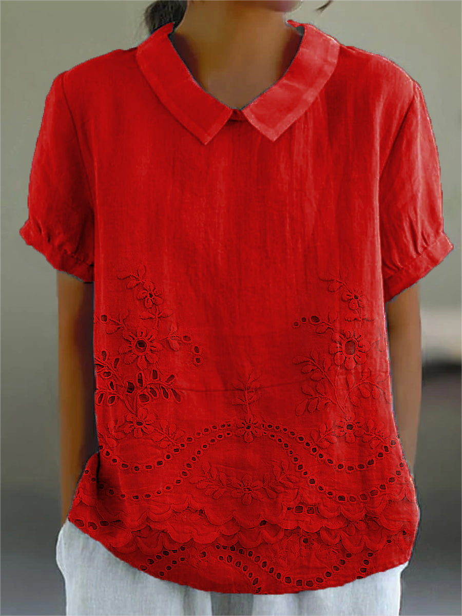 Linen Blend Embroidered Blouse Lightweight Relaxed Fit