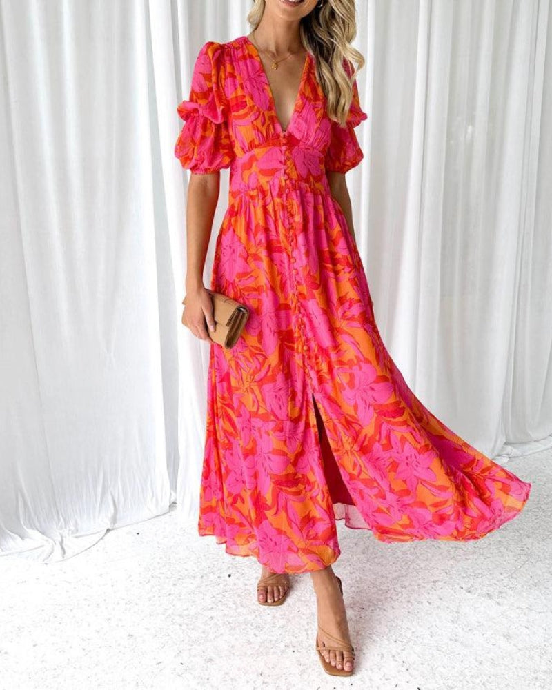 V-Neck Flowy Maxi Dress with Puff Sleeves