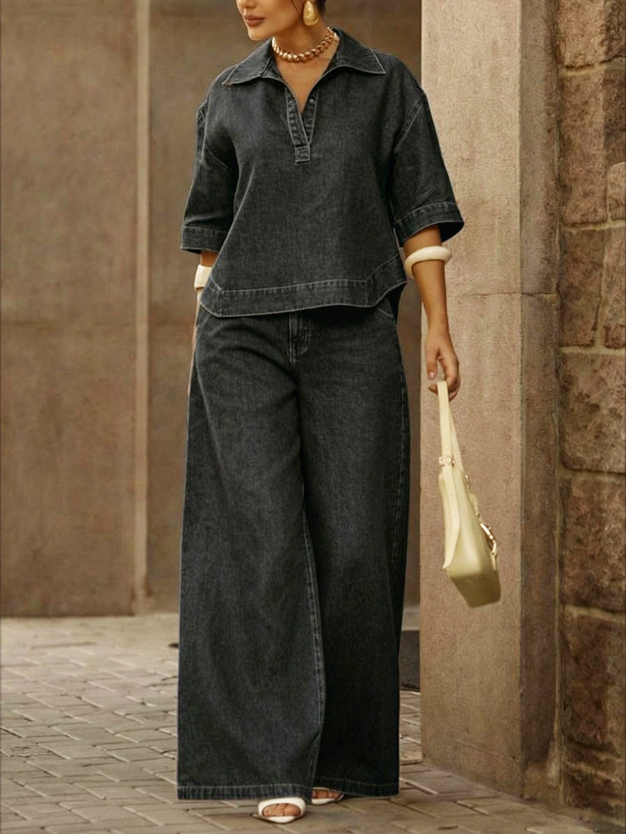 Women’s Denim Pants Set Cotton Comfort Wide Leg Fit