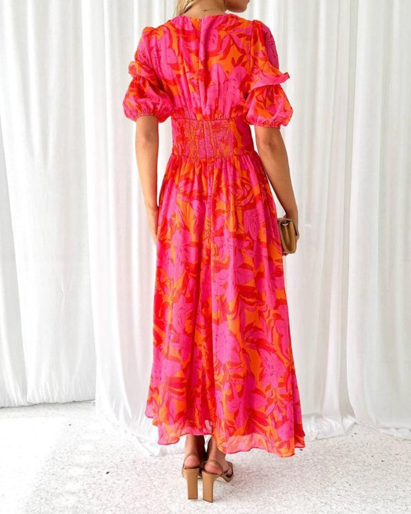 V-Neck Flowy Maxi Dress with Puff Sleeves