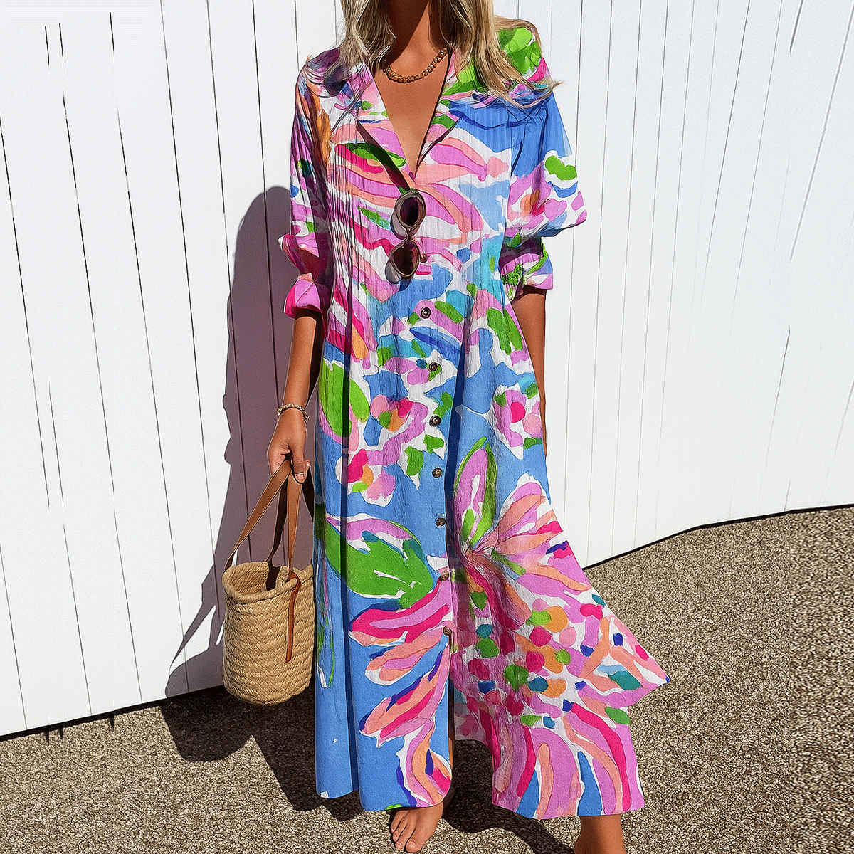 Boho Maxi Dress with Button Front and Lightweight Relaxed Fit