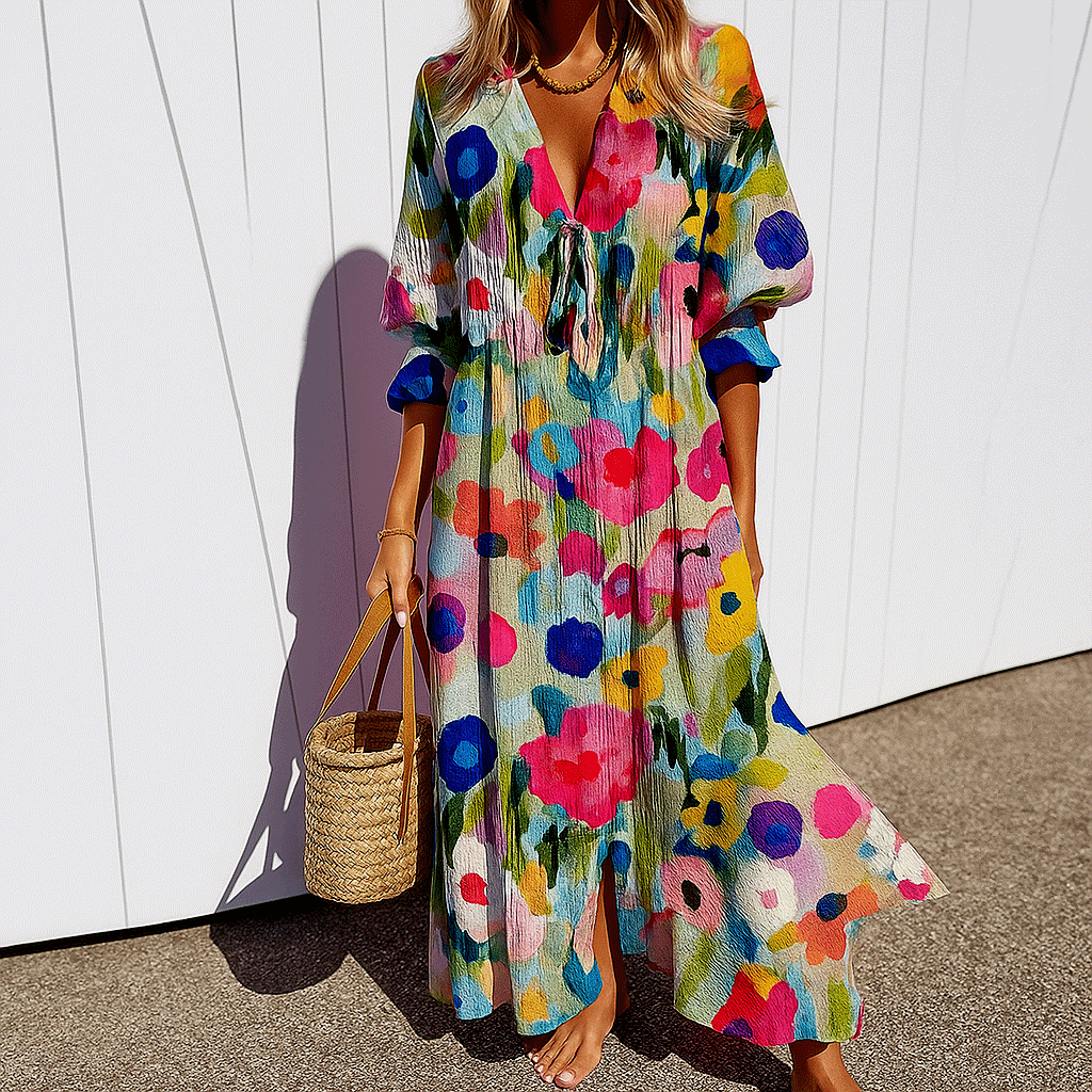 Boho Maxi Dress with Button Front and Lightweight Relaxed Fit