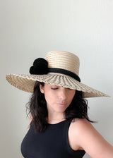 Palm Leaf Hat with wide brim and Black Pom Poms