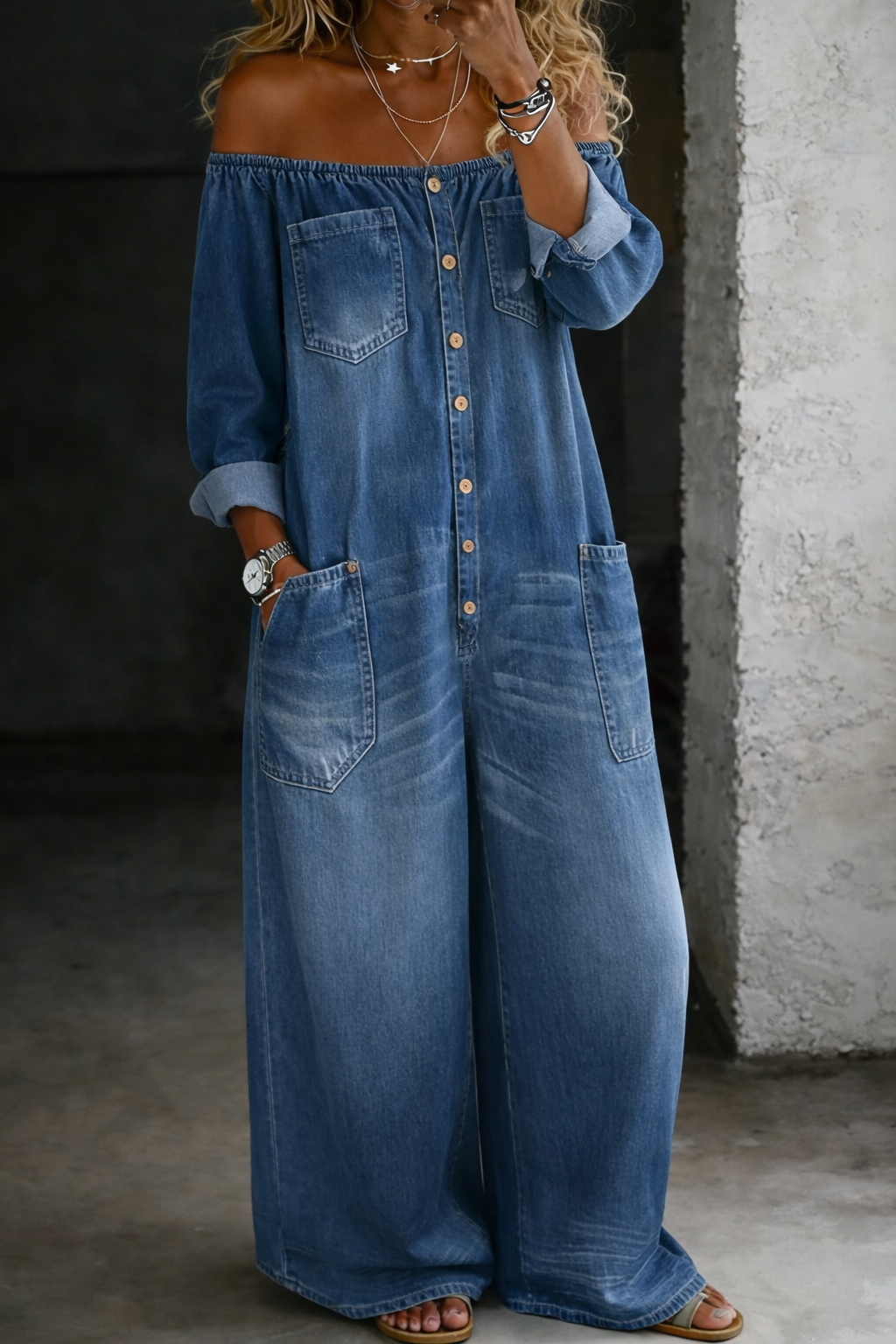 Denim Jumpsuit with Relaxed Fit and Breathable Structure