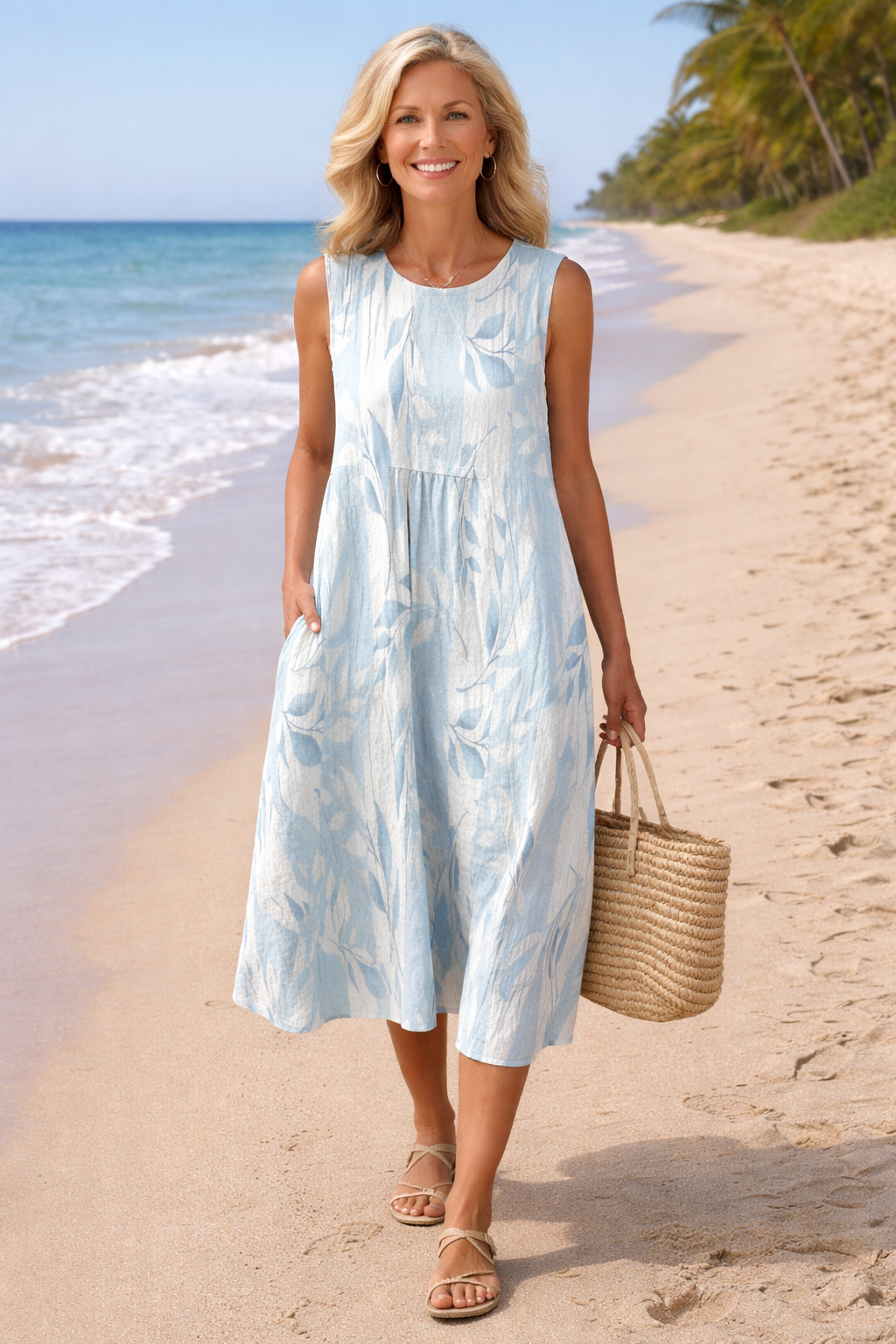 Women’s Sleeveless Printed Midi Dress Lightweight Summer Casual