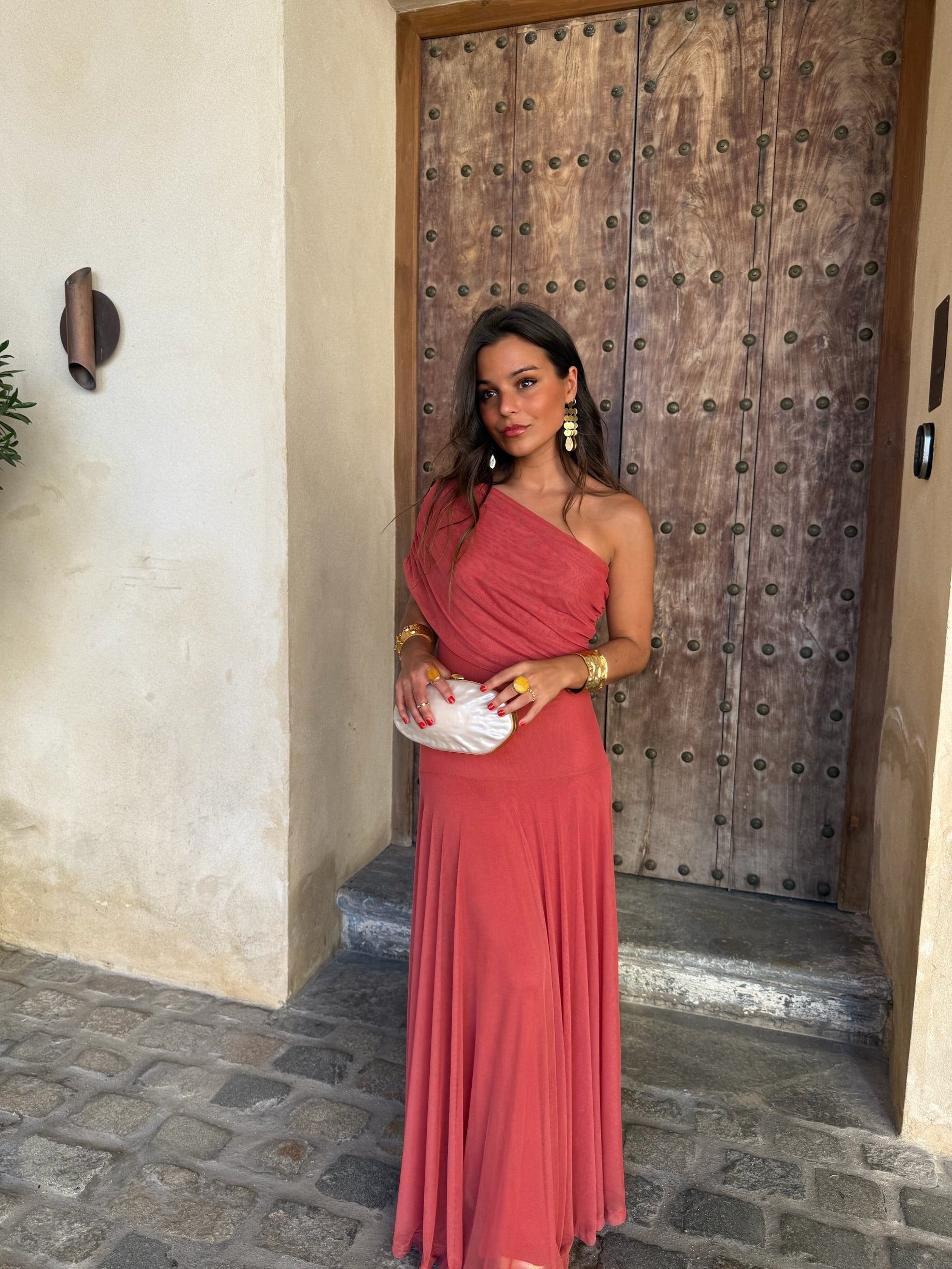 Off Shoulder Maxi Dress with Lightweight Chiffon and Flowing Fit