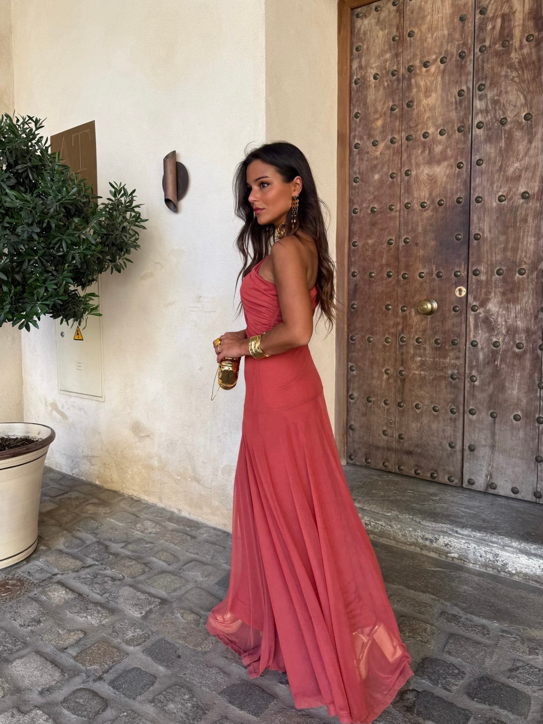 Off Shoulder Maxi Dress with Lightweight Chiffon and Flowing Fit