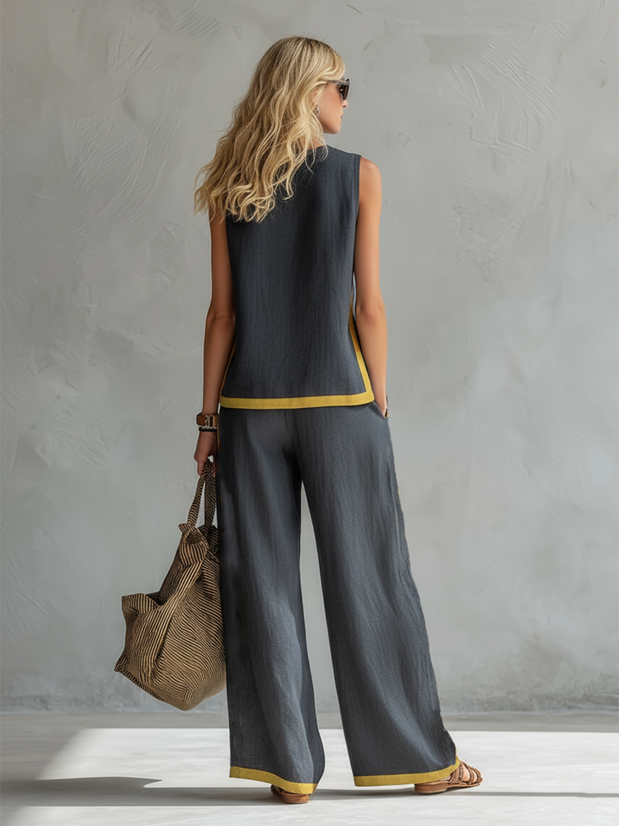 Relaxed Two Piece Outfit Sleeveless Top and Wide Leg Pants Easy Fit