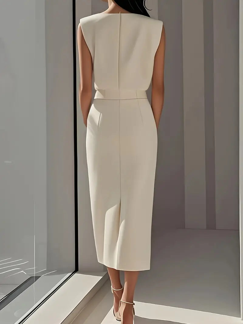 Structured Midi Dress with Side Slit and Button Detail