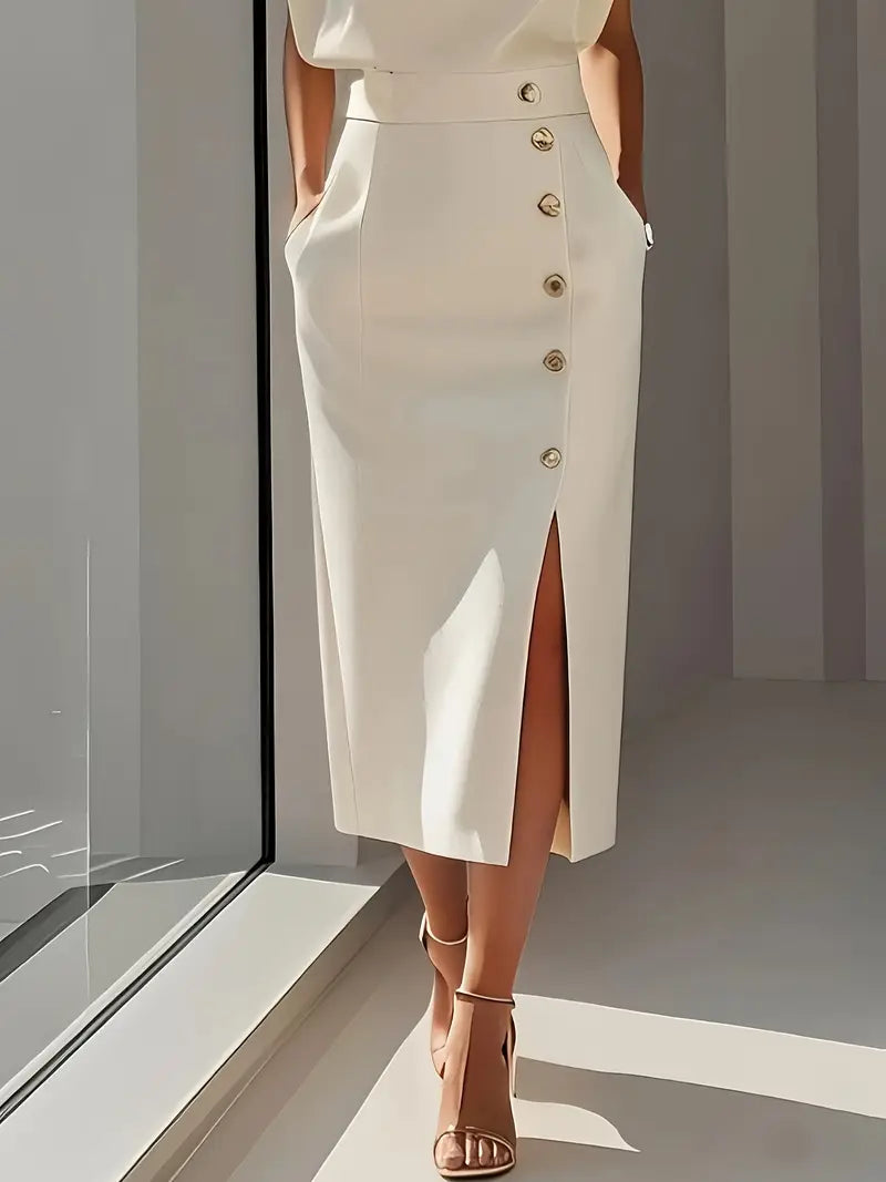 Structured Midi Dress with Side Slit and Button Detail
