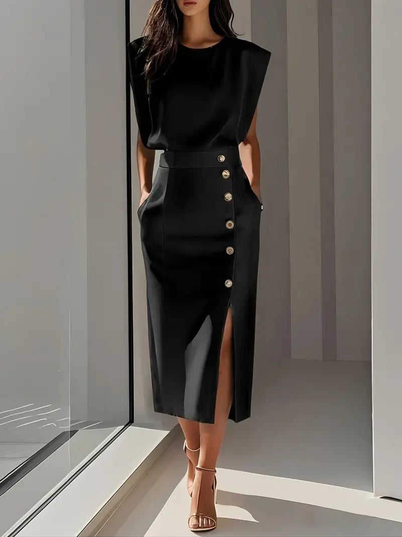 Structured Midi Dress with Side Slit and Button Detail