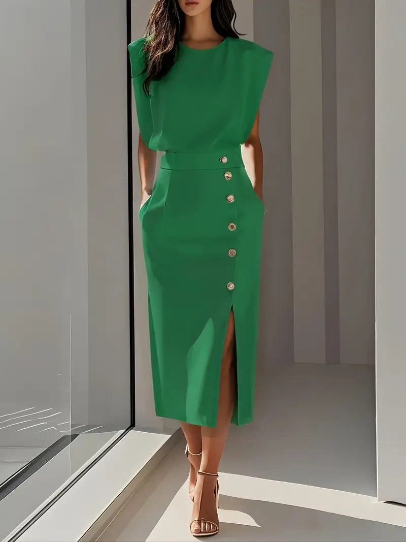 Structured Midi Dress with Side Slit and Button Detail