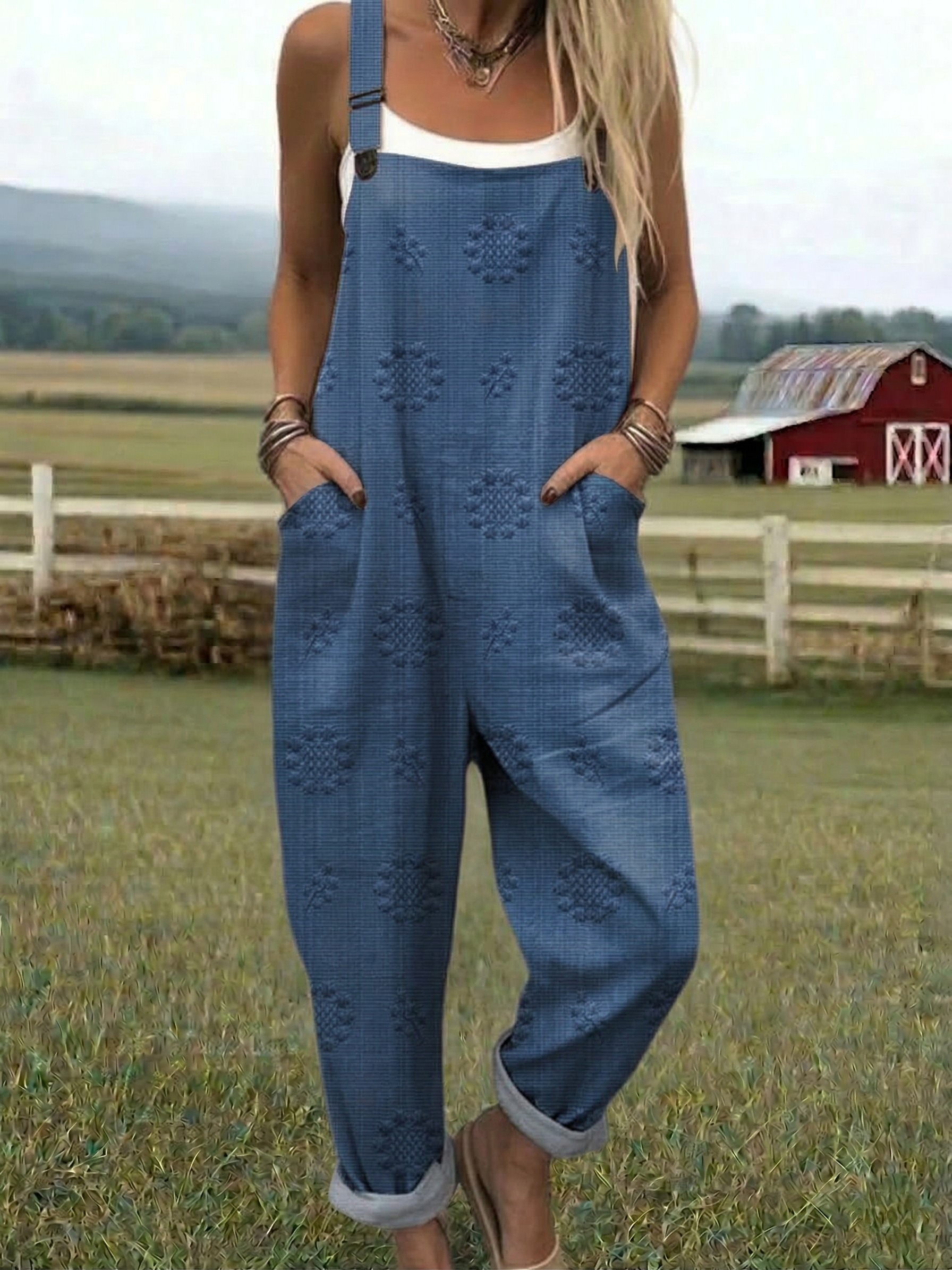 Relaxed Pattern Jumpsuit with Adjustable Straps and Breathable Lightweight Fabric