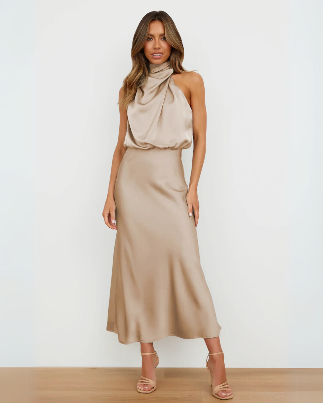Draped Maxi Dress with High Neck and Flowing Fit