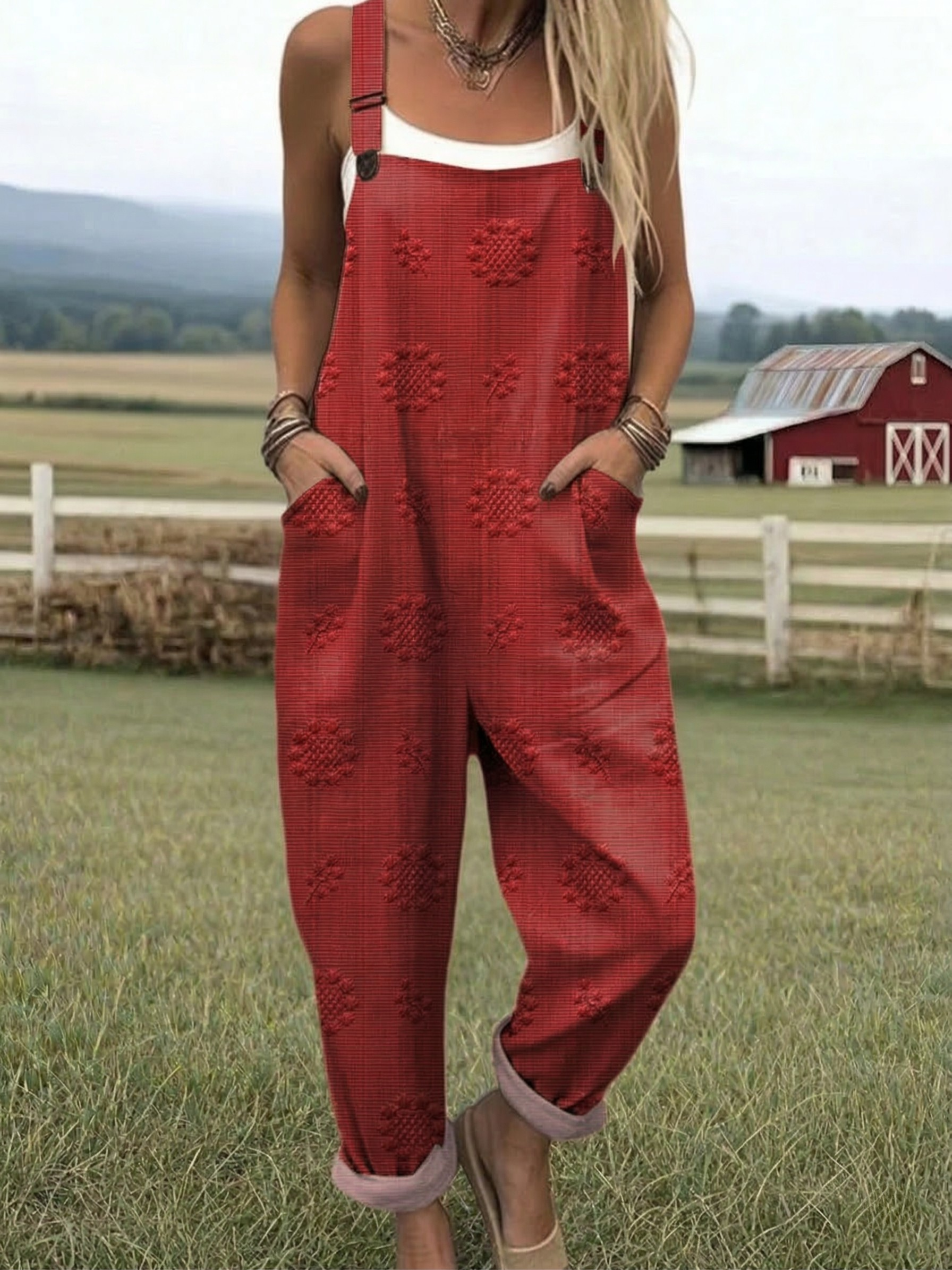 Relaxed Pattern Jumpsuit with Adjustable Straps and Breathable Lightweight Fabric