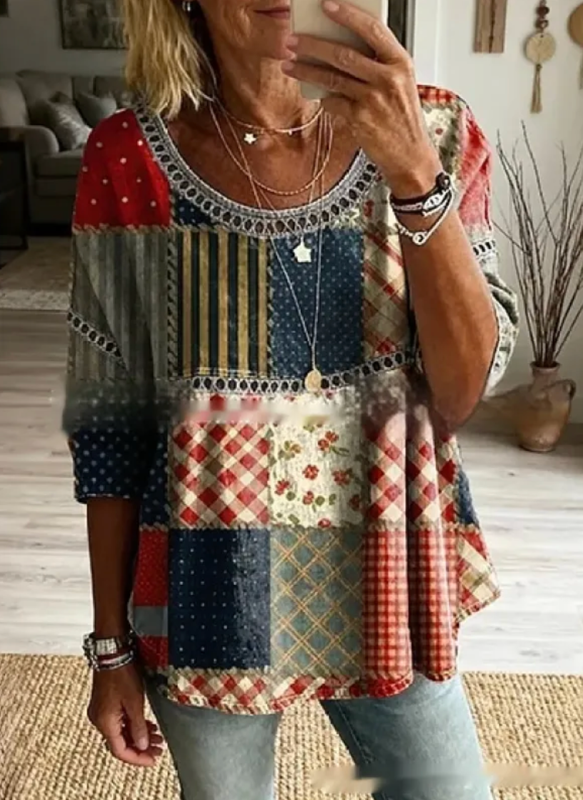 Women’s Loose V Neck Tunic Top Timeless Print Casual Long Sleeve