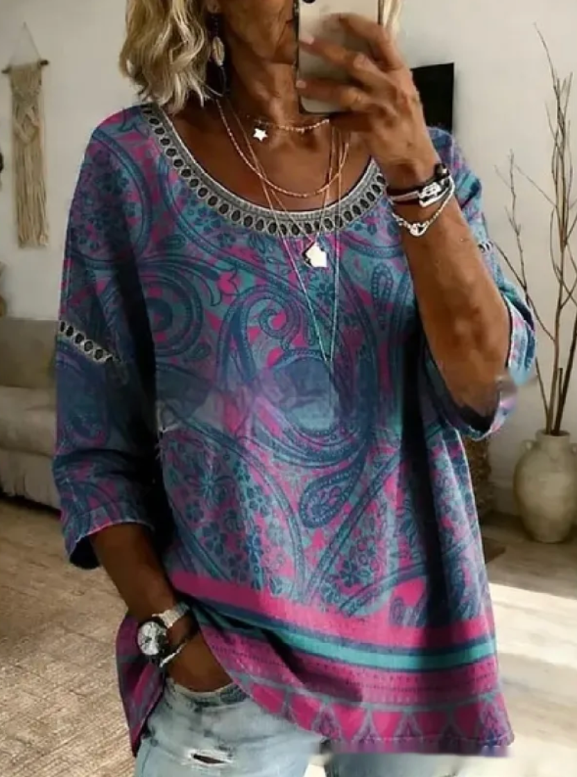 Women’s Loose V Neck Tunic Top Timeless Print Casual Long Sleeve