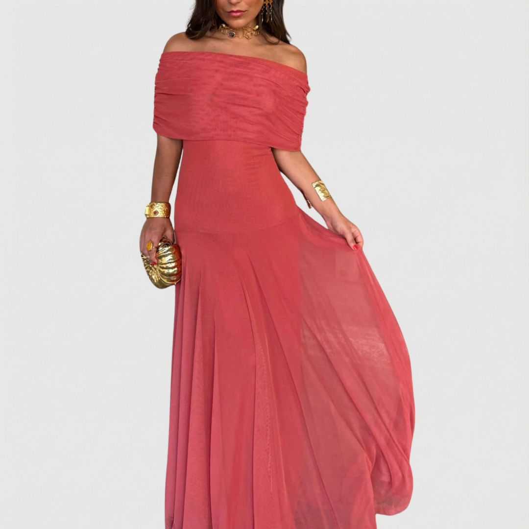 Off Shoulder Maxi Dress with Lightweight Chiffon and Flowing Fit
