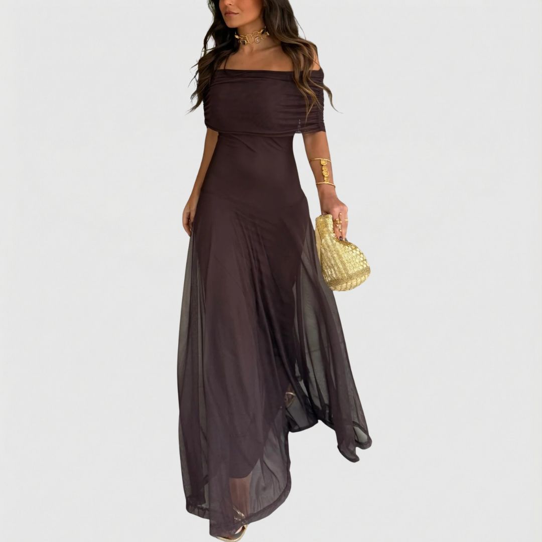 Off Shoulder Maxi Dress with Lightweight Chiffon and Flowing Fit