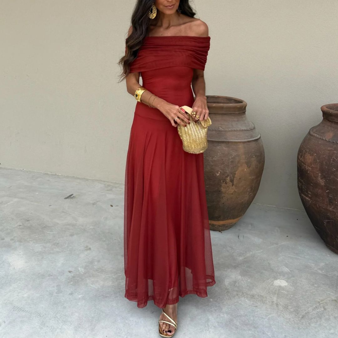 Off Shoulder Maxi Dress with Lightweight Chiffon and Flowing Fit