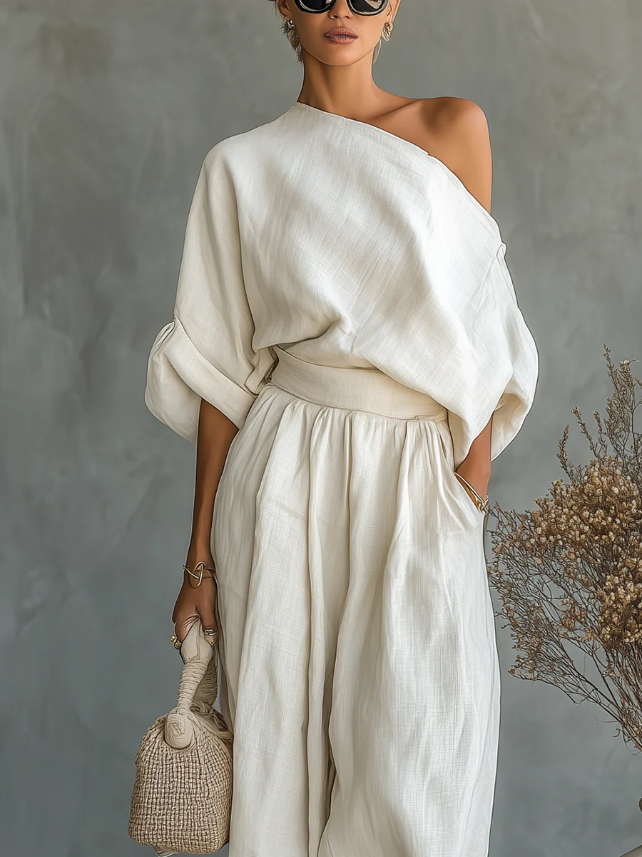Two Piece Set with Off Shoulder Top and Relaxed Tapered Pants