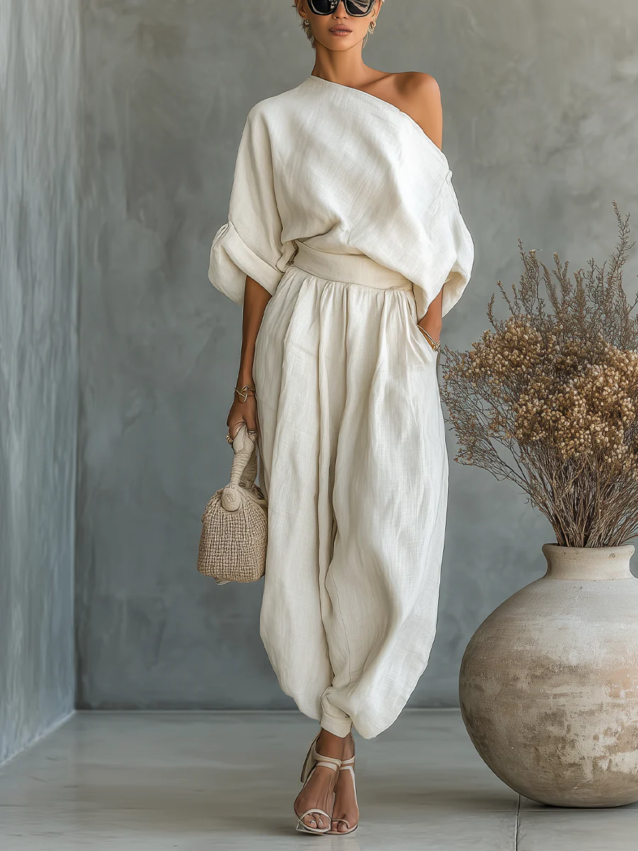 Two Piece Set with Off Shoulder Top and Relaxed Tapered Pants